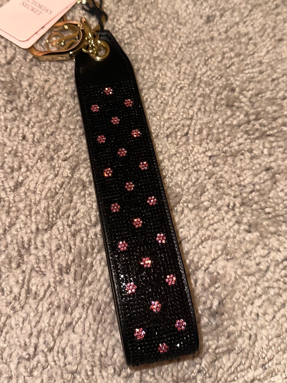 Victoria's Secret polka dot 🖤💗Black Wrist Key Fob with Pink Crystal Flowers